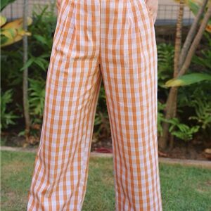 Grey and White Plaid Wide-Leg Pants